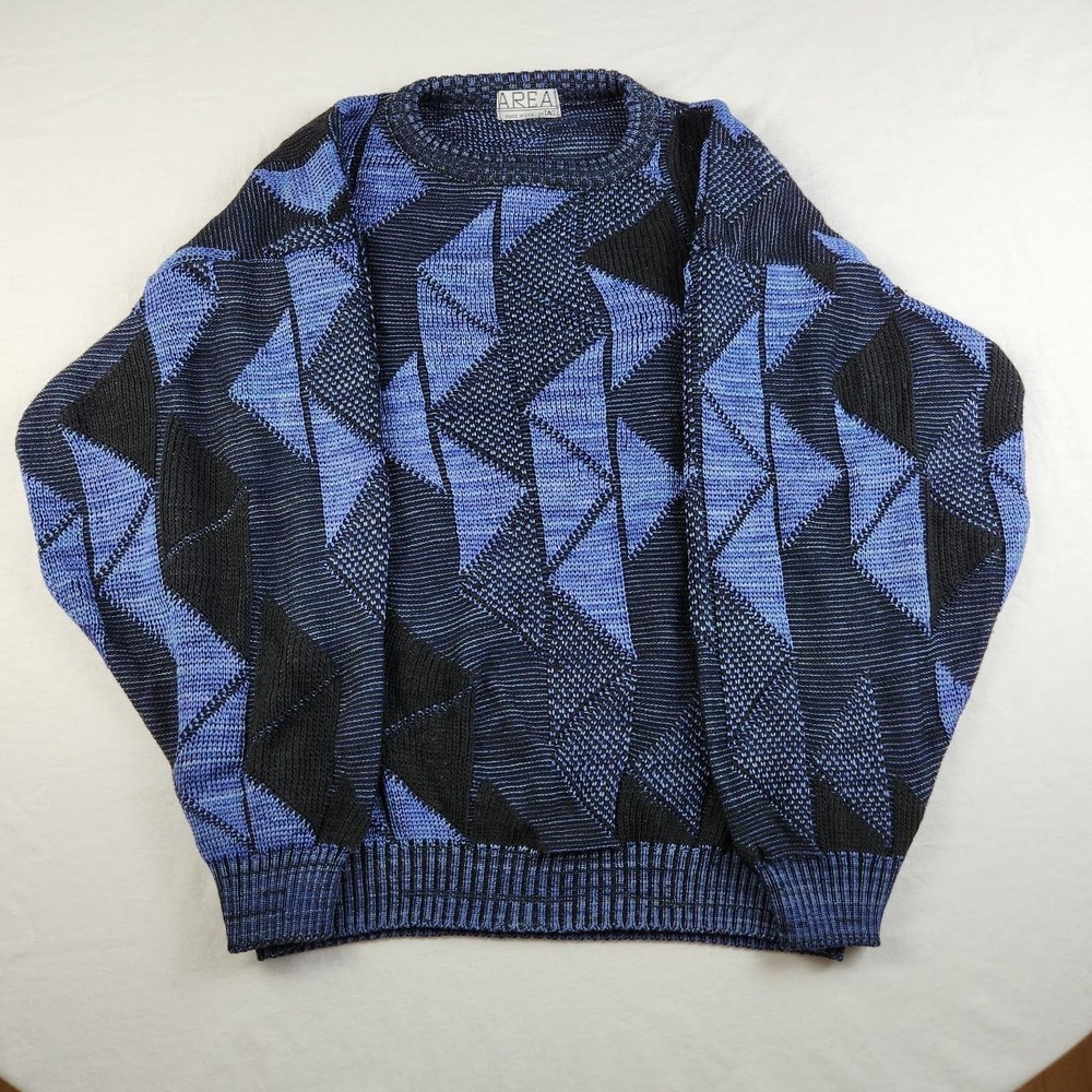 Area By Tag Vintage 90s Geometric Abstract Knit Sweater Blue Black USA Made L